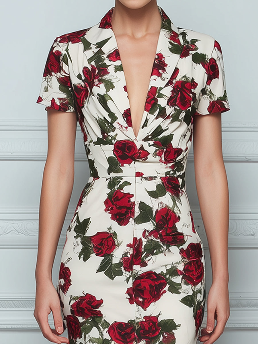 Deep V-Neck Floral Print Tailored Sheath Midi Dress