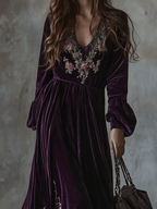 Vintage Floral Embroidered Velvet Maxi Dress