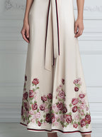 Deep V-Neck Draped Waist Floral Hem A-Line Maxi Dress