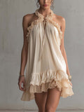 Beige Ruffled Trim Patchwork Chiffon Mini Dress