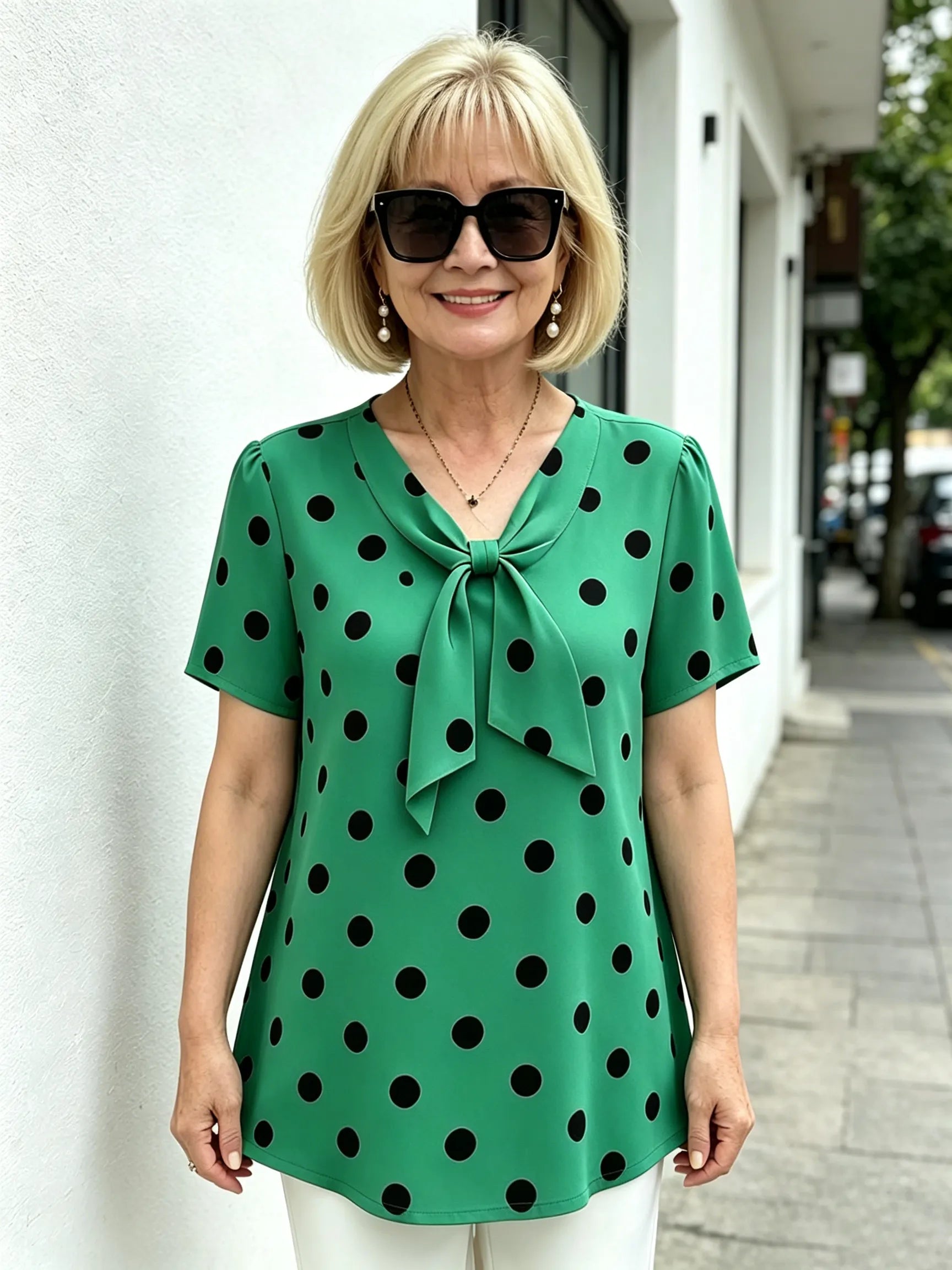 Yellow Polka Dot Chiffon Blouse, V Neck Front Tie Short Sleeve Loose Tummy Concealing Shirt for Mature Women