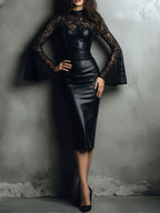 Black Eco Leather Sheer Paisley Flocked Patchwork Midi Dress
