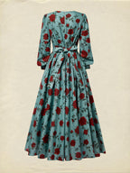 Maxi Linen Dress, Long Sleeves, V Neck, Floral, Belt Design, Vintage, Green