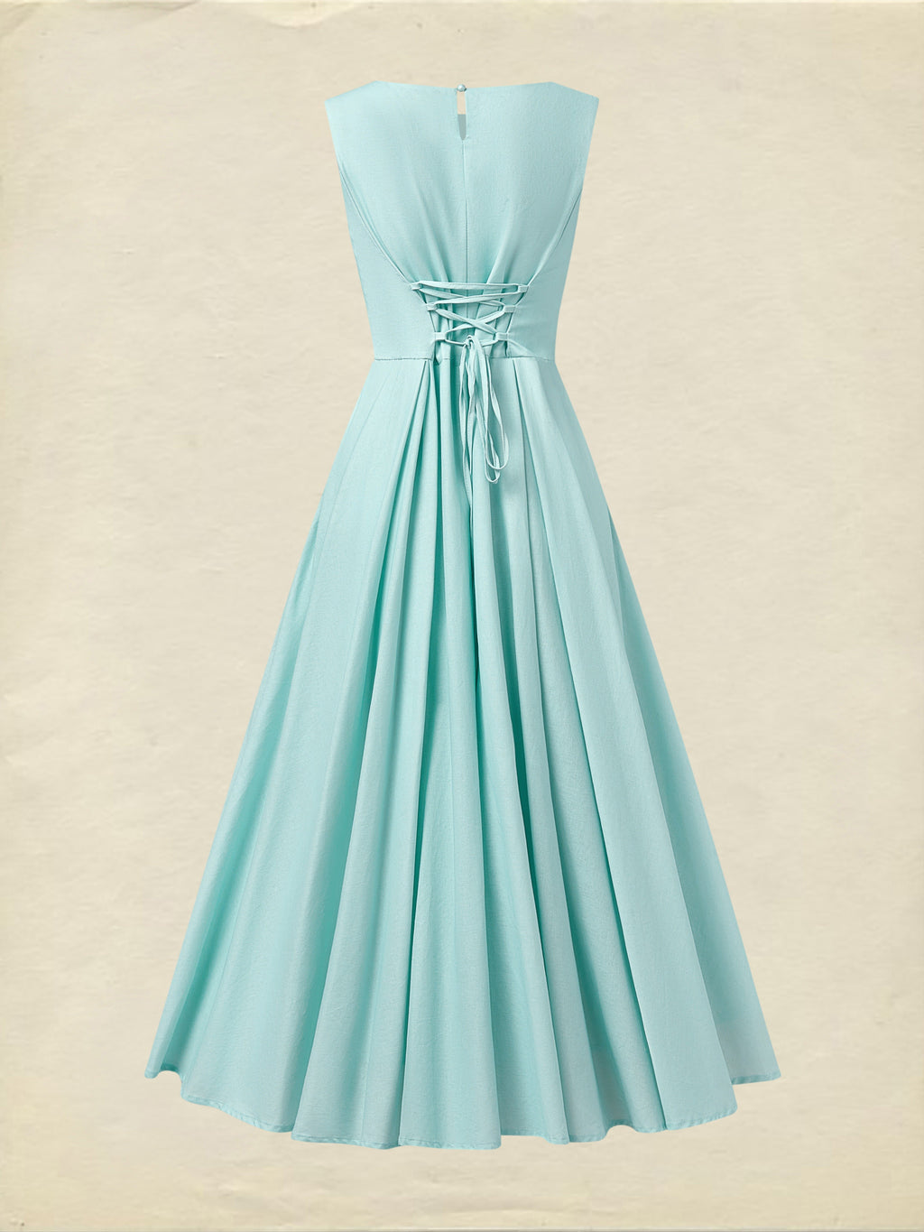 Maxi Linen Dress , Sleeveless, Round Neck, Feather Pattern, Pocket Design, Vintage, Sky Blue