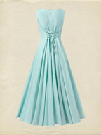 Maxi Linen Dress , Sleeveless, Round Neck, Feather Pattern, Pocket Design, Vintage, Sky Blue