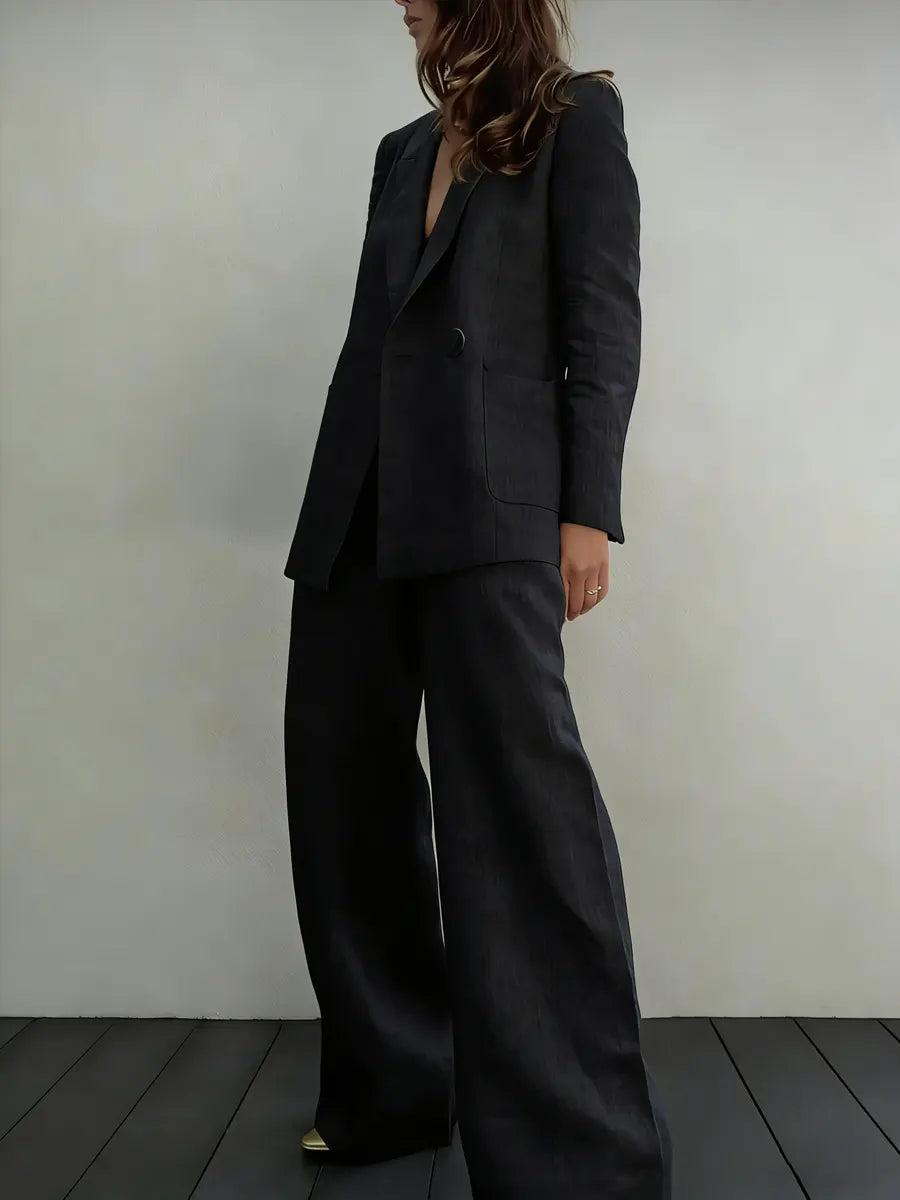 Women's Minimalist Cotton-linen Suit With Wide-leg Pants