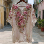 Bohemian Style Pink Flower Embroidery Thin And Light Vintage V-neck Top