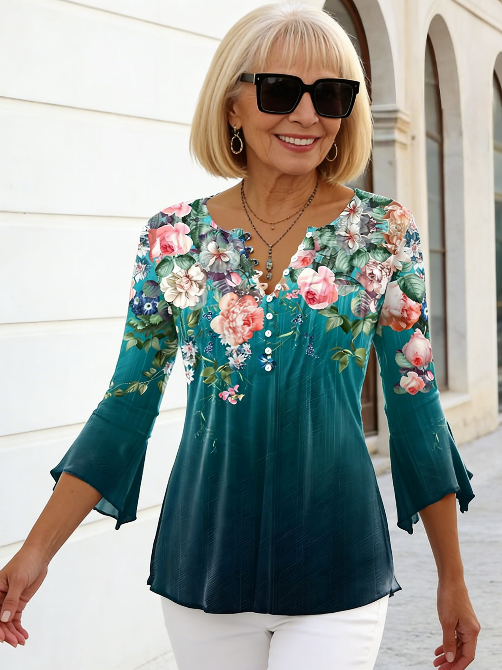 Fashion Women's Floral Print V-Neck Short Sleeve Pleated Button T-Shirt Bottom Shirt