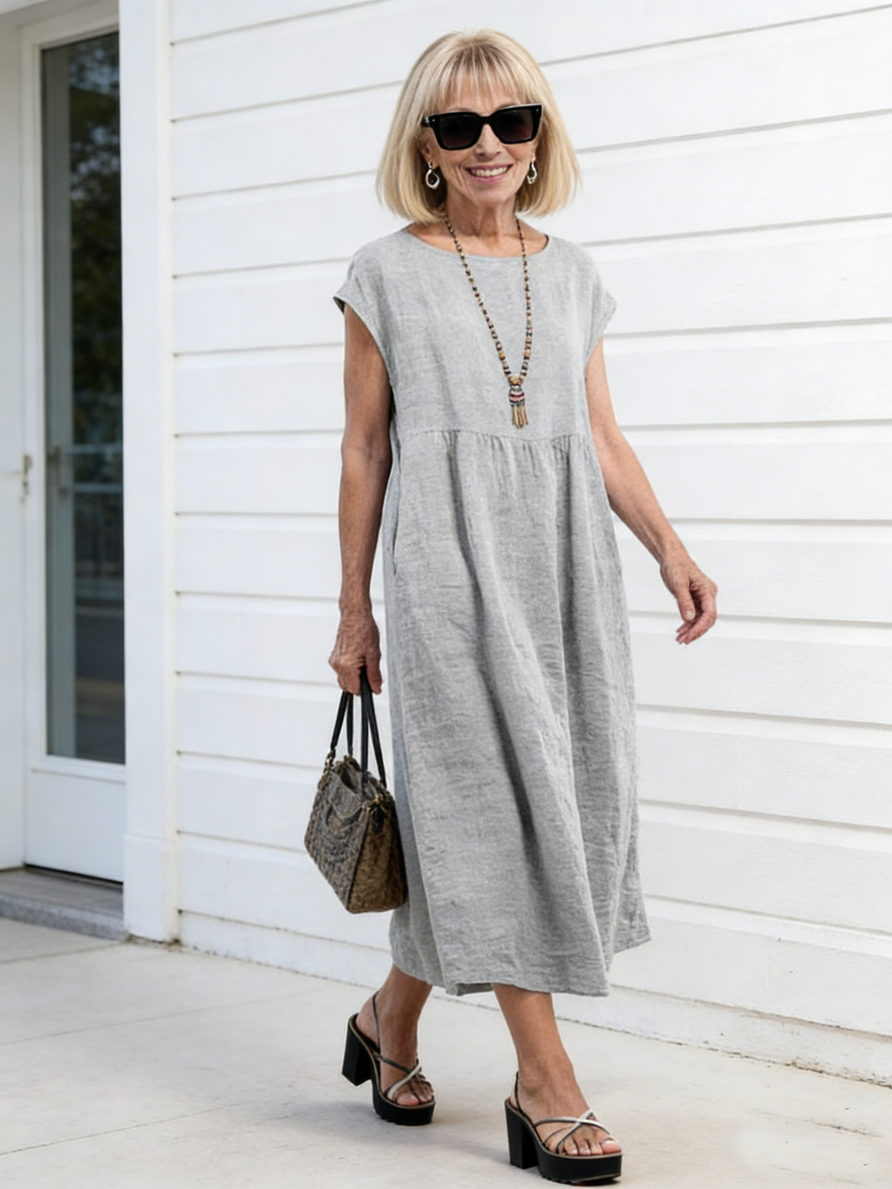 Solid Color Linen Round Neck Fitted Dress