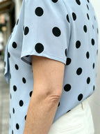 Yellow Polka Dot Chiffon Blouse, V Neck Front Tie Short Sleeve Loose Tummy Concealing Shirt for Mature Women