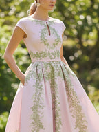 Midi Linen Dress, Cap Sleeves, Round Neck, Floral, Pocket Design, Vintage, Pink