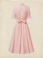 Midi Linen Dress , Half Sleeve, Round Neck, Plain, Bow, French Vintage, Light Pink