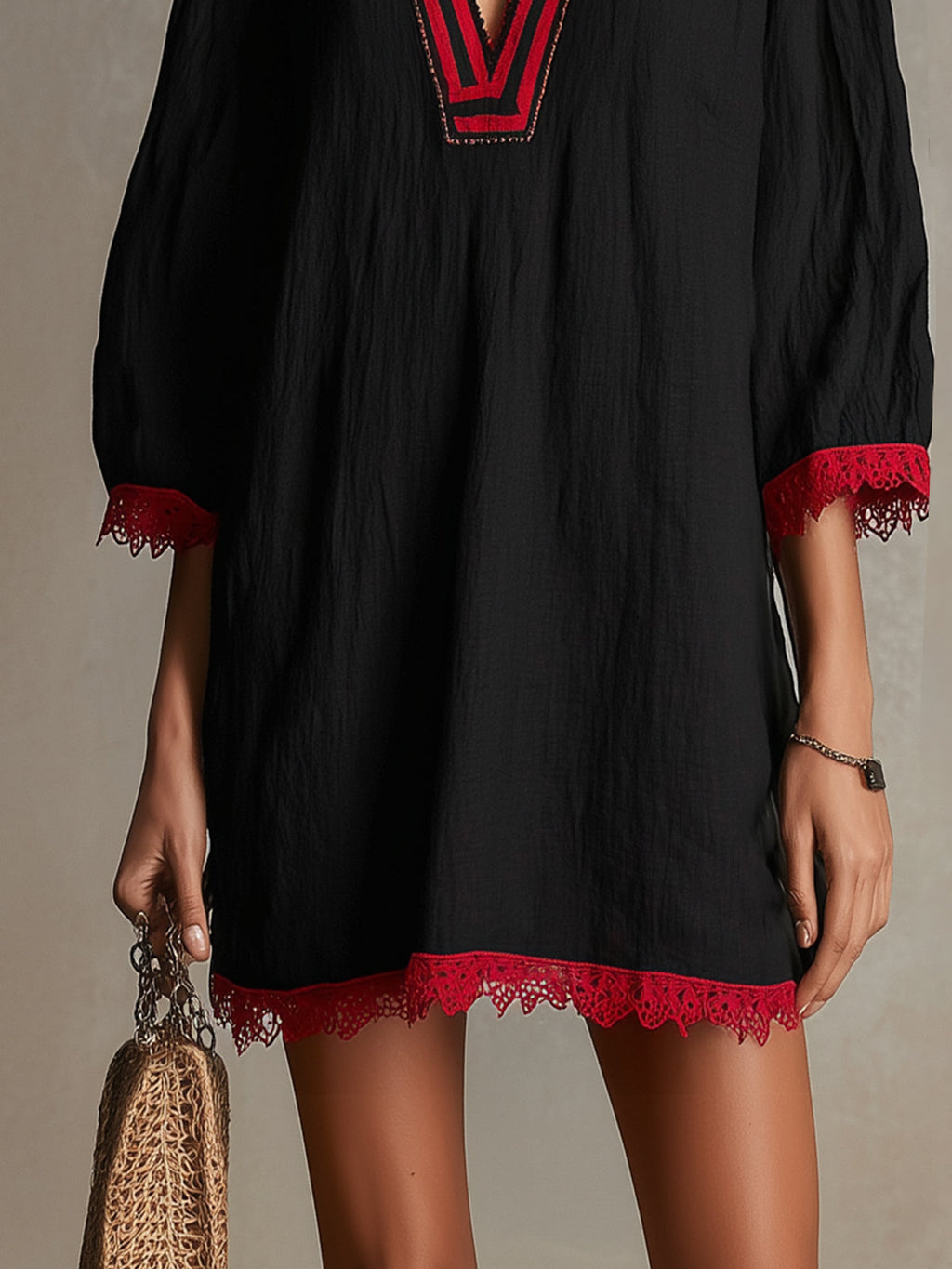 Black V-Neck Mini Dress With Red Lace Trim