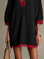 Black V-Neck Mini Dress With Red Lace Trim