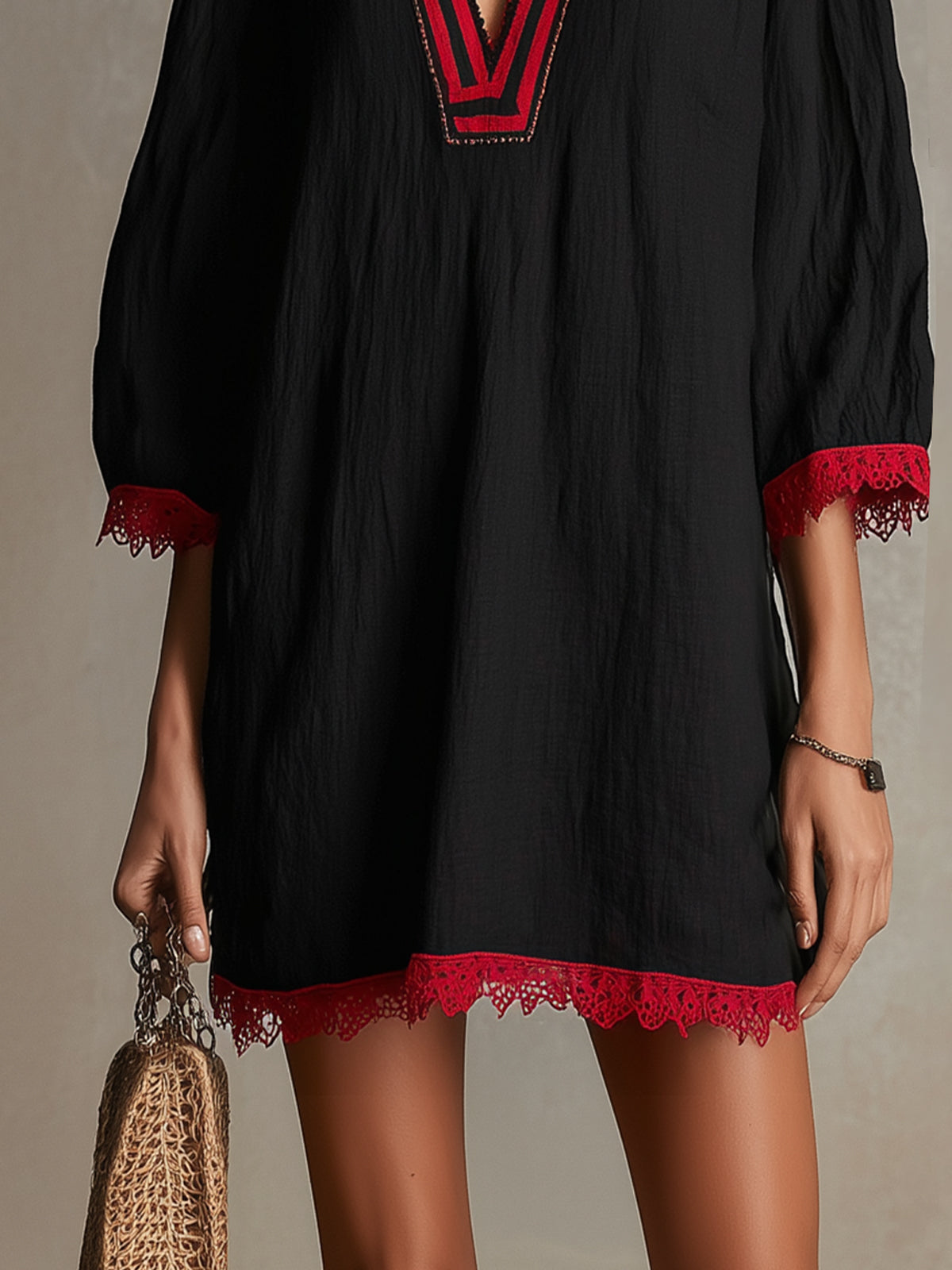Black V-Neck Mini Dress With Red Lace Trim