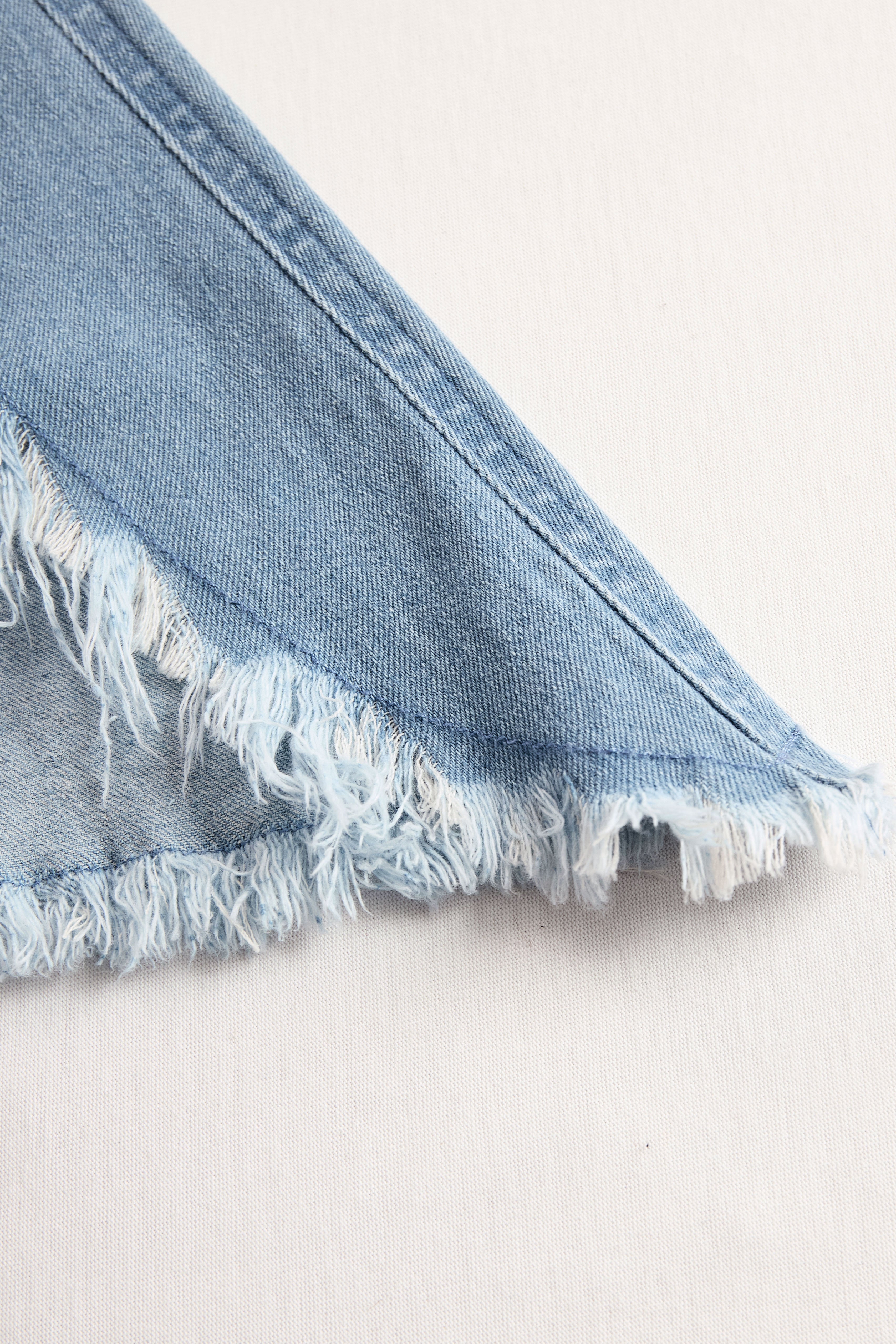 Casual Retro Light Blue Denim Flared Long-Sleeved Wide-Leg Raw Edge Jumpsuit
