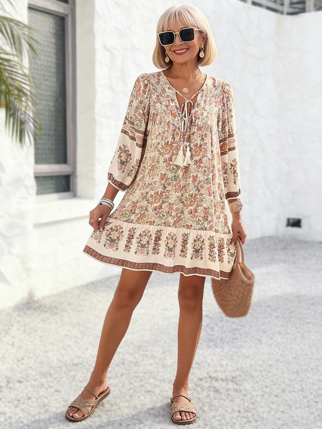 Vacation Dress Printed Shirt Casual Bohemian Vacation V-Neck Dress