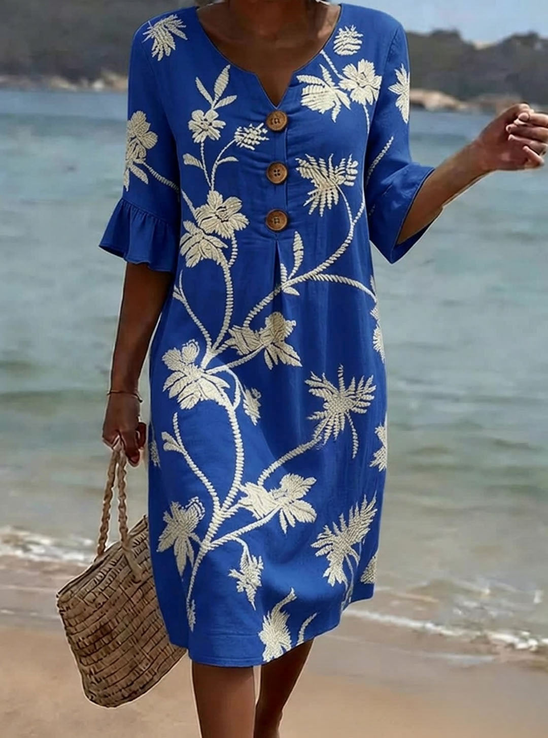 Women's Floral Print Casual Cotton-Linen Dress