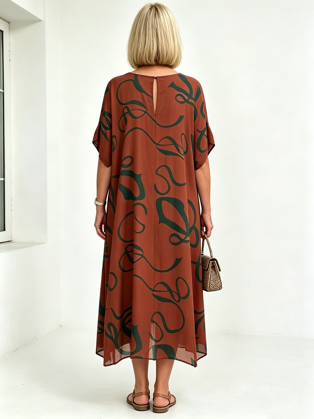 Black Abstract Print Chiffon Midi Dress, V-Neck Short Sleeve Loose Tummy Concealing Back Tie Vacation Dress for Mature Women