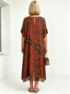 Black Abstract Print Chiffon Midi Dress, V-Neck Short Sleeve Loose Tummy Concealing Back Tie Vacation Dress for Mature Women