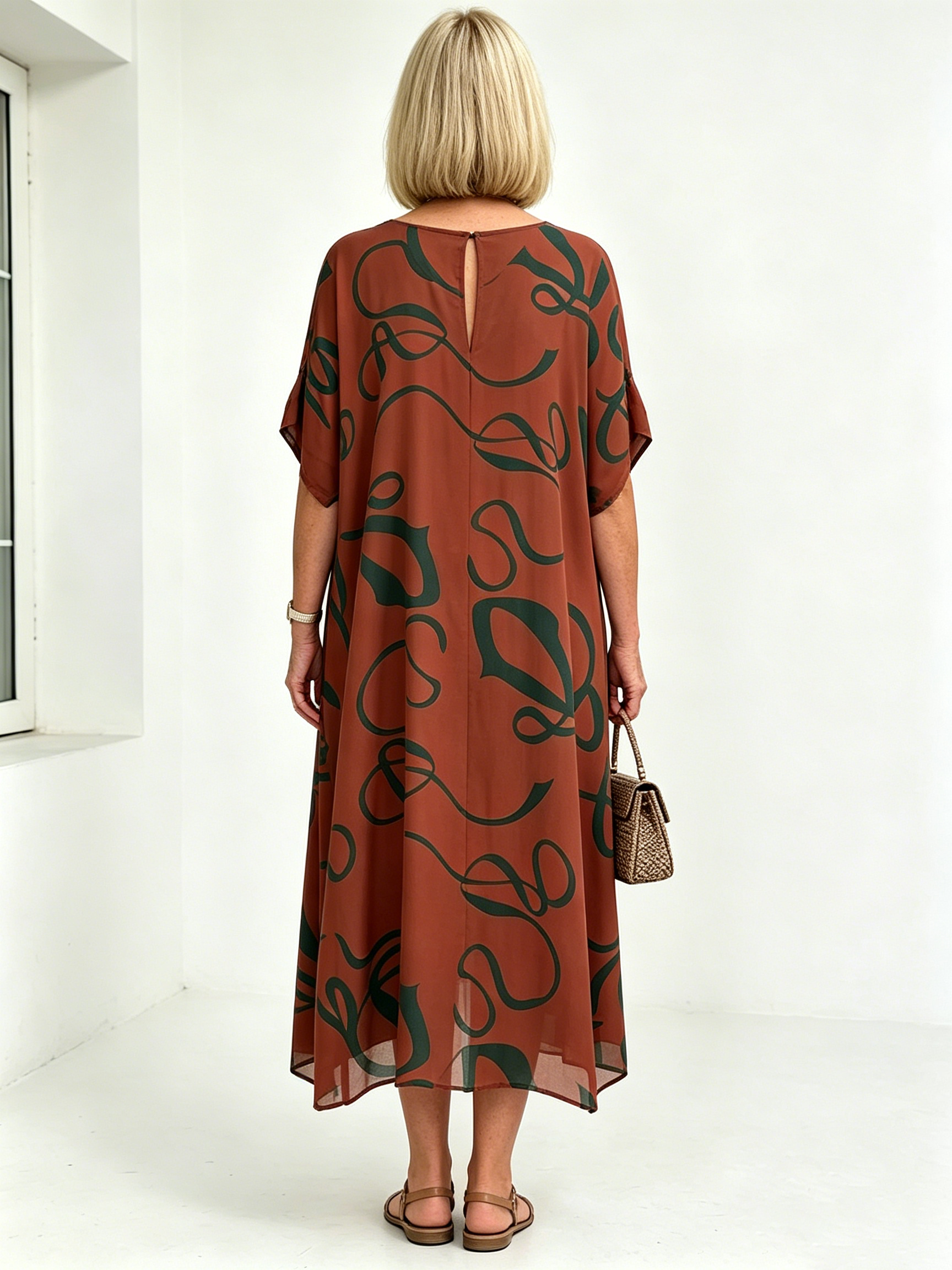 Black Abstract Print Chiffon Midi Dress, V-Neck Short Sleeve Loose Tummy Concealing Back Tie Vacation Dress for Mature Women