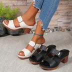 Women's Solid Color Stylish Sandals, Soft Sole Casual Chunky Heel Summer Slides, Double Bands Casual Shoes