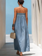 Light Blue Denim Strapless Maxi Dress – Frayed Hem