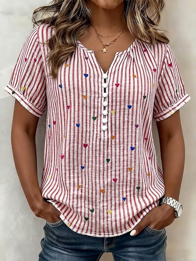 Casual Heart And Stripe Linen-cotton Shirt