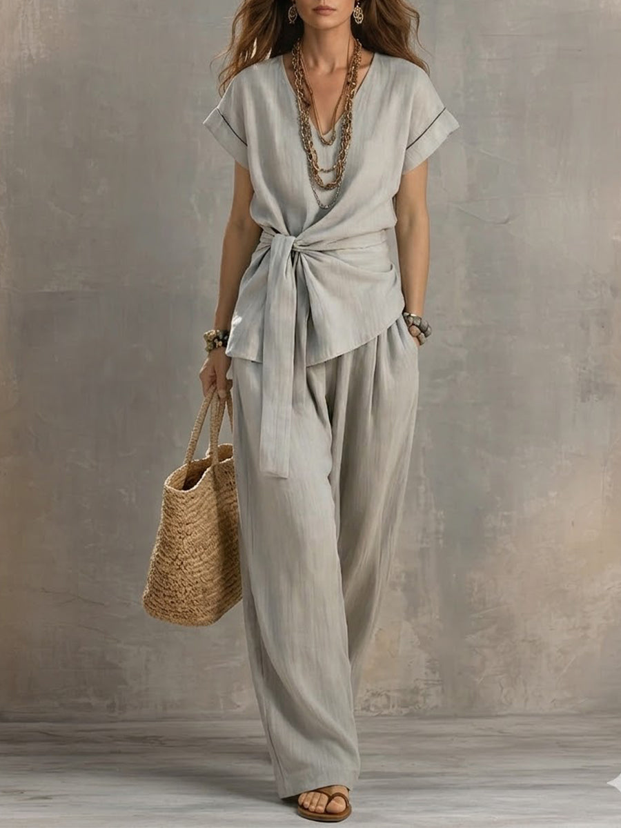 Casual Linen And Cotton Two-piece Set