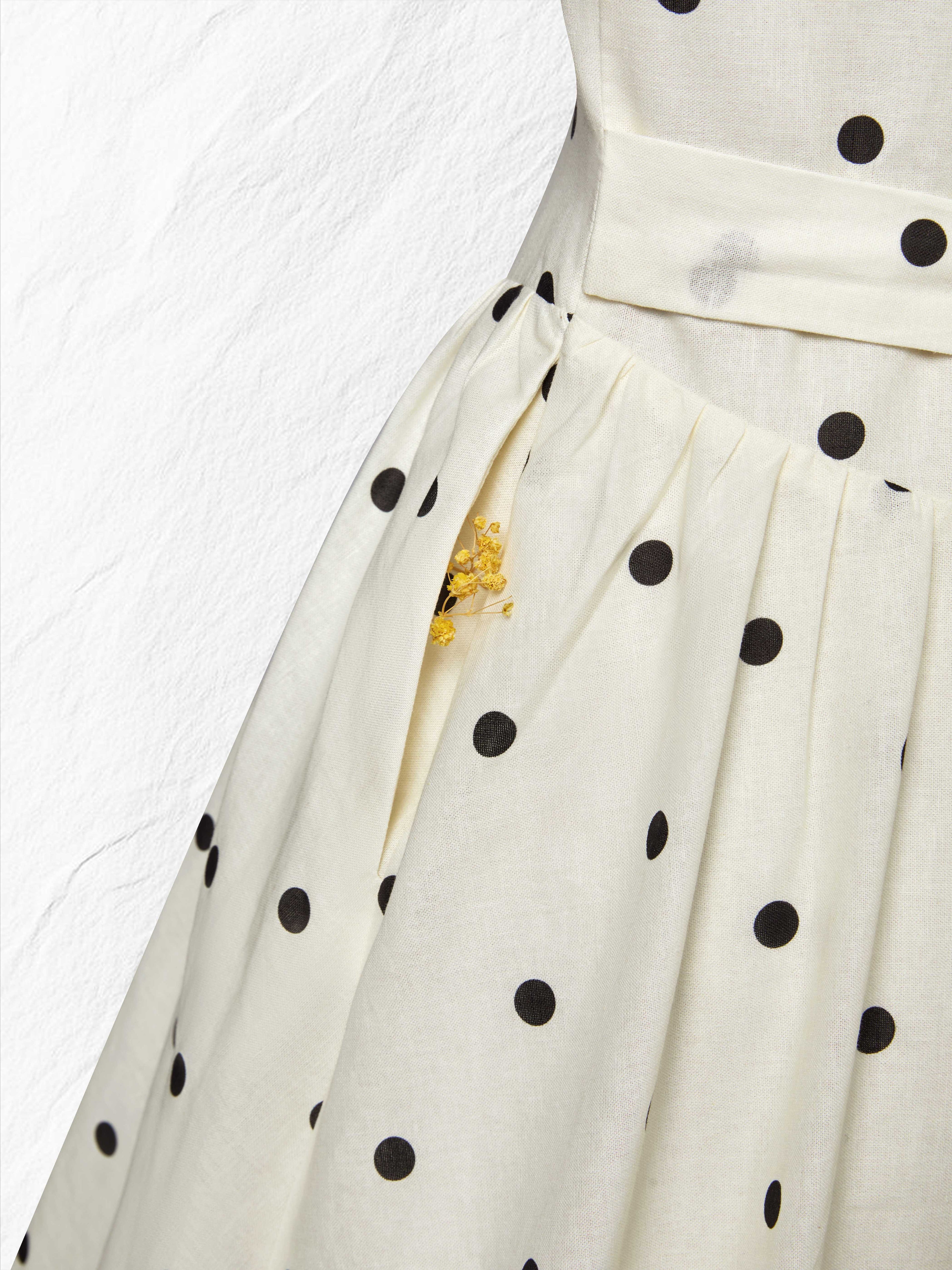 Maxi Linen Dress, Short Sleeves, Shawl Collar, Polka Dots, French Vintage, Off White