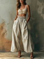 Washed Light Gray Denim High Waist Wide Leg Pants