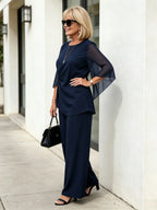 2Pcs Light Blue Chiffon 2 Piece Outfit, Irregular Twist Flare Sleeve Top & Wide Leg Pants Set for Mature Women