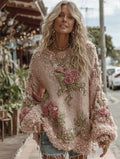 Women's Vintage Floral Chunky Knit Warm Crew Neck Sweater