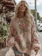 Women's Vintage Floral Chunky Knit Warm Crew Neck Sweater
