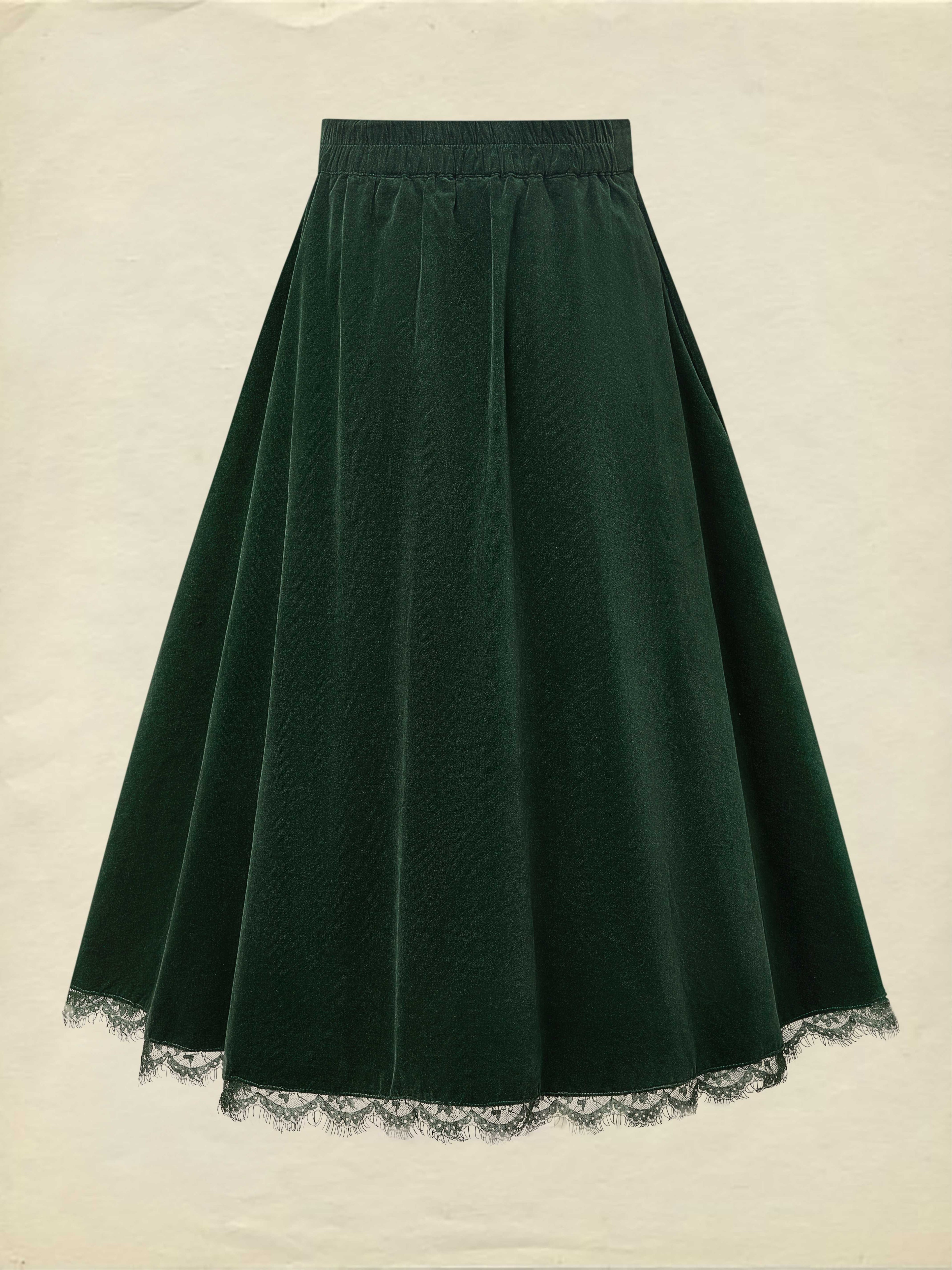 Midi Cotton Skirt (Shirt and Vest Not Included), Plain, Pocket Design, Vintage, Green