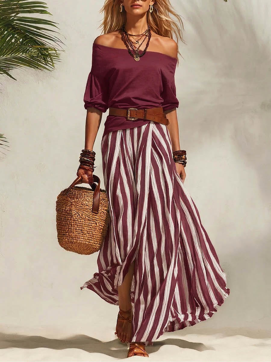 Women's Off-shoulder 3/4-sleeve Casual Top & High-waisted Skirt Cotton Set