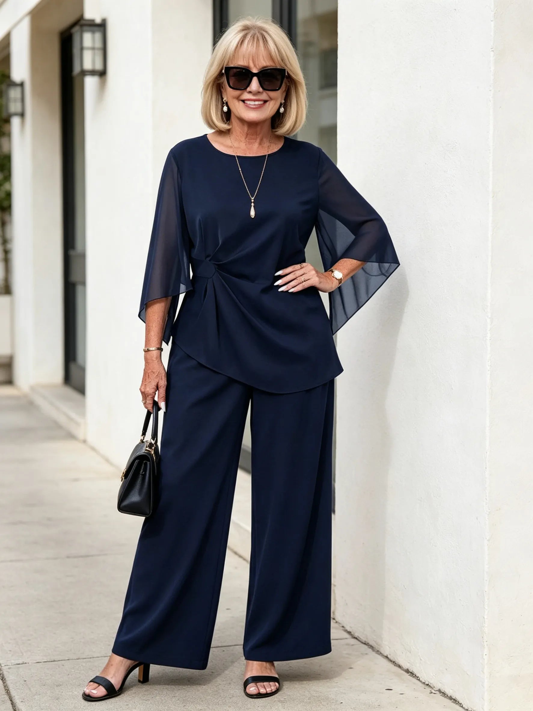 2Pcs Light Blue Chiffon 2 Piece Outfit, Irregular Twist Flare Sleeve Top & Wide Leg Pants Set for Mature Women
