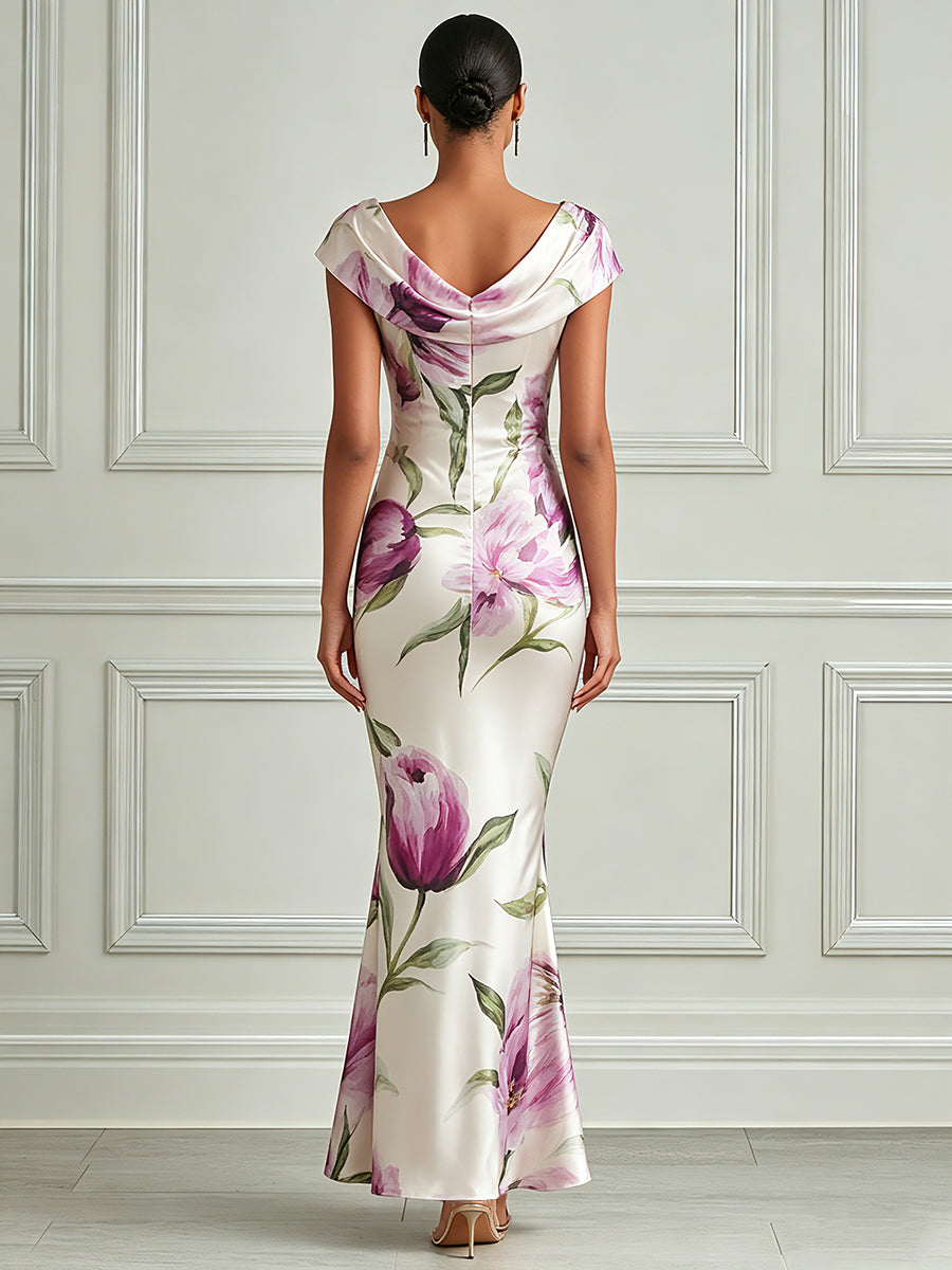 Elegant Floral Cowl-Neck Mermaid Dress