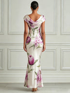 Elegant Floral Cowl-Neck Mermaid Dress