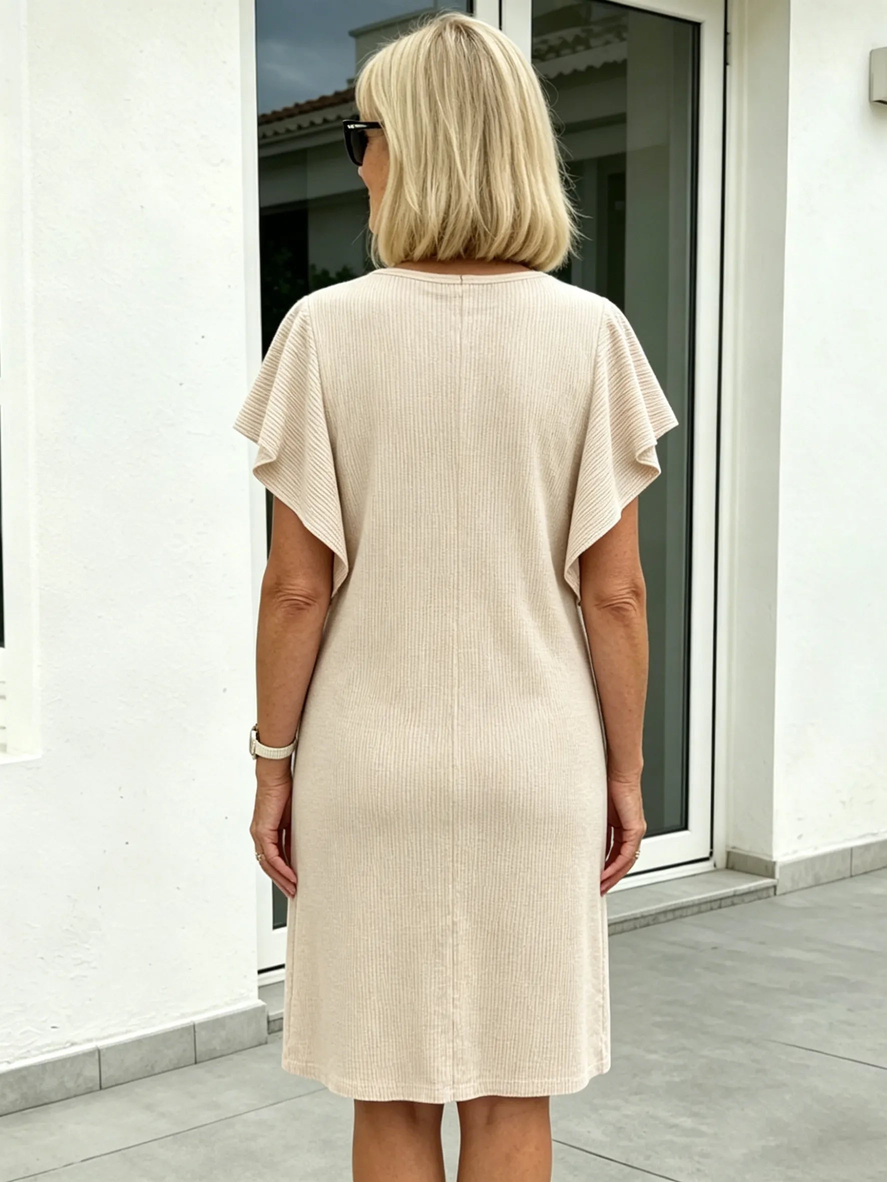 Women's Clothing Contrasting Color Twist Strip Lotus Leaf Sleeve Medium and Long Dress