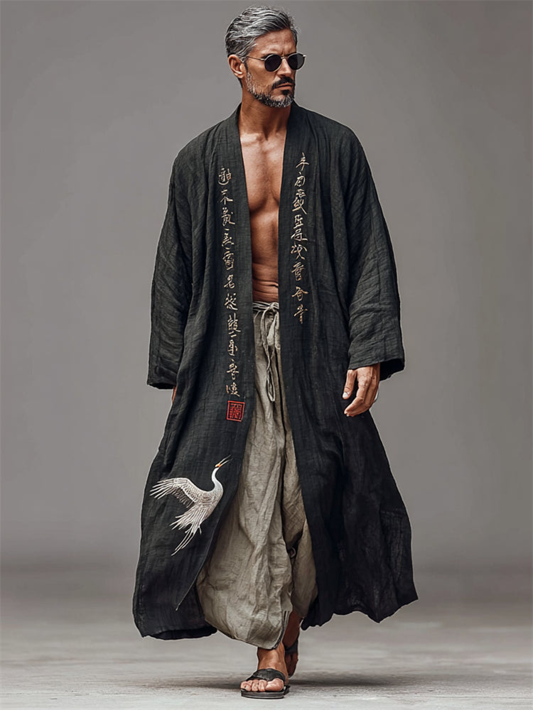 Men's Japanese Crane Calligraphy Art Long Linen Kimono