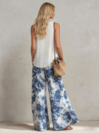 Casual Retro White Chiffon Top And Blue Floral Chiffon Wide-leg Pants Set