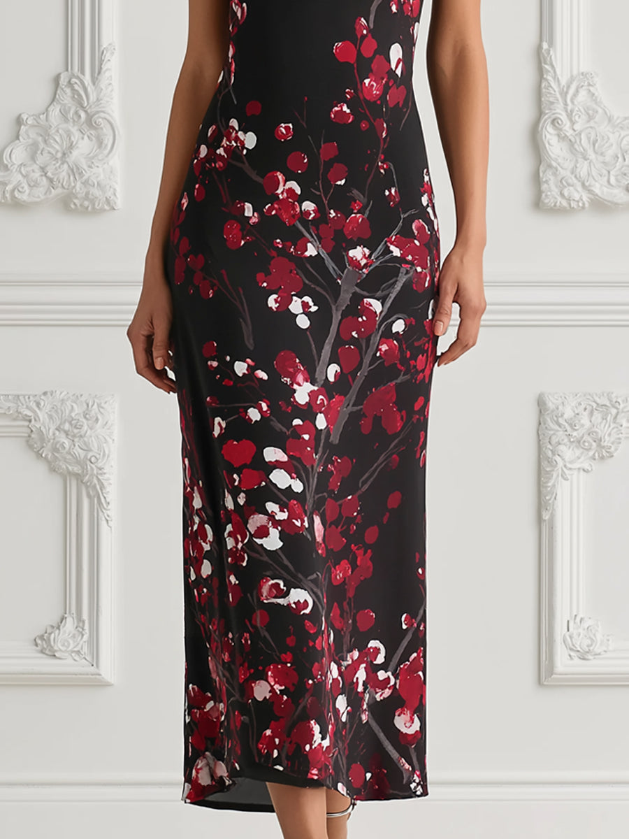 Black Red Cherry Blossom Print Maxi Dress