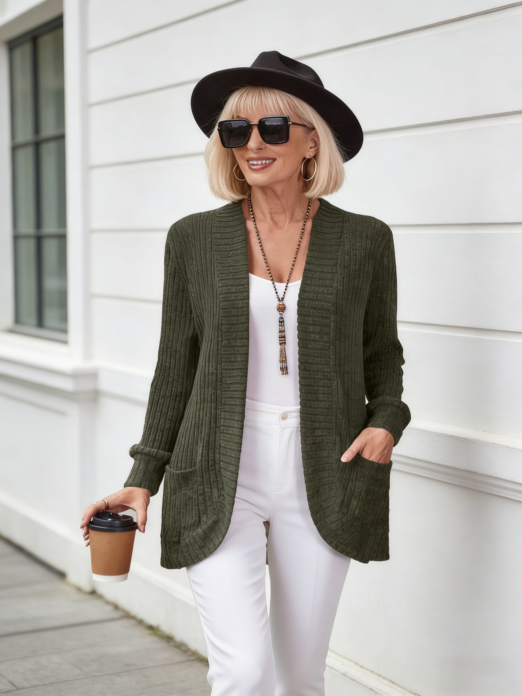 Women's Solid Color Long Sleeve Open Front Cardigan - Versatile Pockets Cardigan for Spring and Fall Seasons, Perfect for Daily Wear and Outdoor Activities