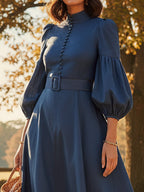 Maxi Cotton Dress, Half Sleeve, Stand Collar, Plain, Belt Design, Vintage, Deep Blue