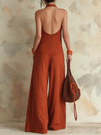 Rust Halter Neck Mixed Fabric Wide-Leg Jumpsuit With Pockets