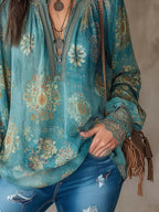 Women's Ethnic Floral Art Print Casual Long Sleeve Cotton Shirt