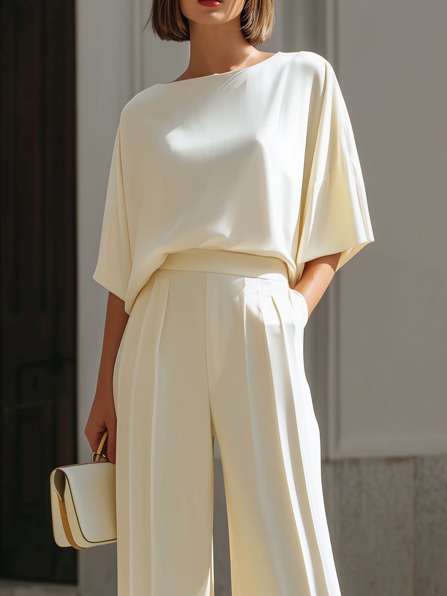 Boat Neck Dolman Sleeve Top & High Waist Pleated Wide Leg Pants Two Piece Set