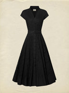 Midi Linen Dress, Sleeveless, V Neck, Lace, Button Design, French Vintage, Black
