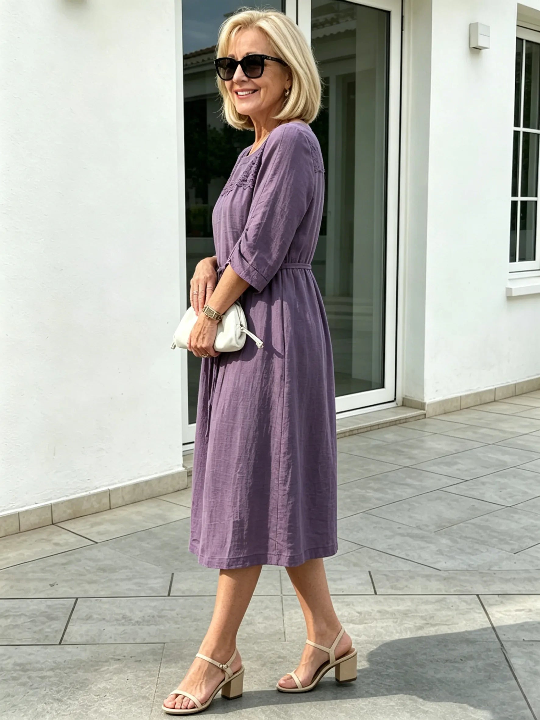 Embroidered Seven-quarter-sleeved Dress for Women's Loose and Thin Lace-up Waist Mid-length Dress